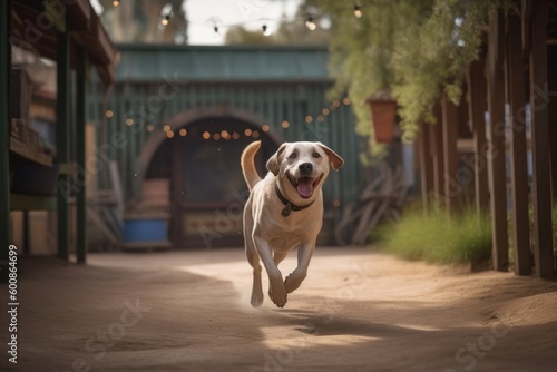 Environmental portrait photography of a happy labrador retriever running against old movie sets background. With generative AI technology