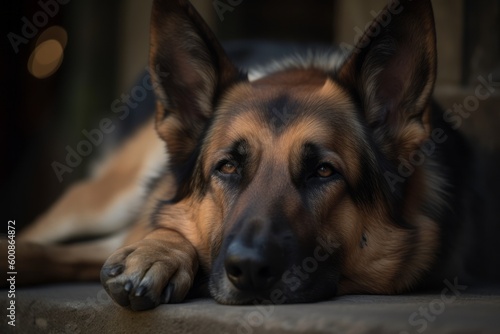 Close-up portrait photography of a happy german shepherd sleeping against natural arches and bridges background. With generative AI technology