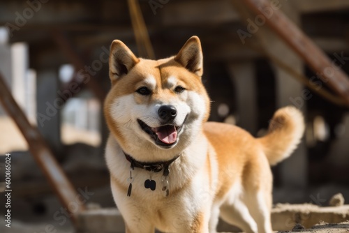 Environmental portrait photography of a happy akita inu being at a construction site against natural arches and bridges background. With generative AI technology