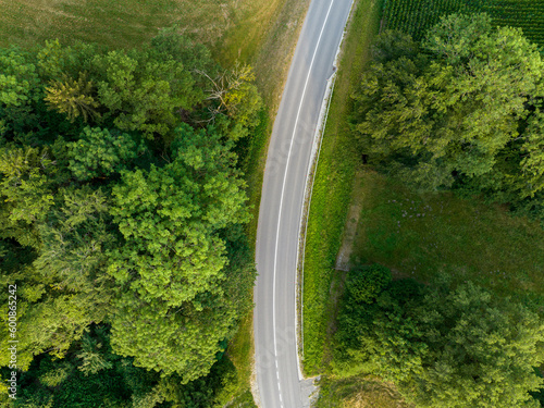 Aerial view of countryside road in Europe.