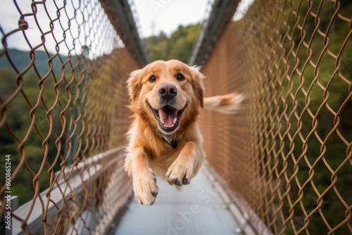 Medium shot portrait photography of a scared golden retriever running against suspension bridges background. With generative AI technology