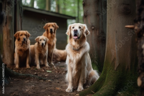 Group portrait photography of a bored golden retriever having a paw print against treehouses background. With generative AI technology