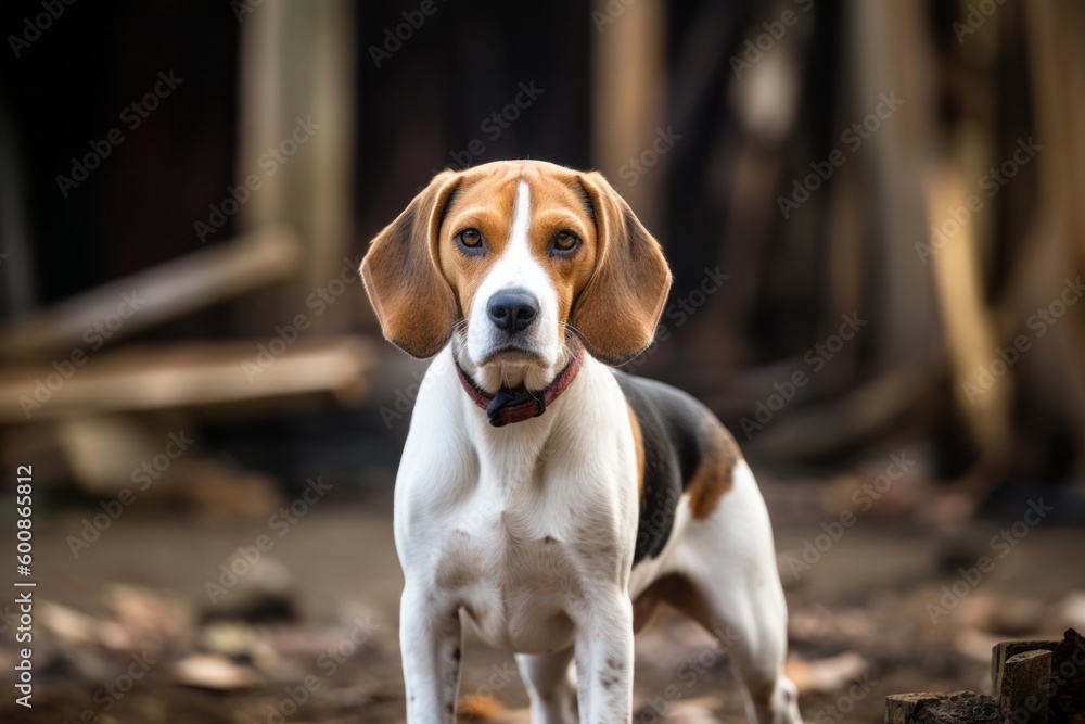 Studio portrait photography of a curious beagle walking against horse stables and riding trails background. With generative AI technology