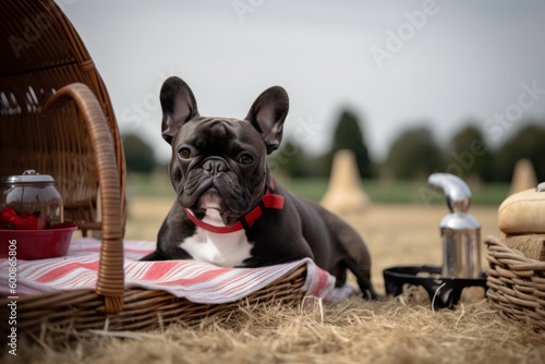 Group portrait photography of an aggressive french bulldog enjoying a picnic against horse stables and riding trails background. With generative AI technology