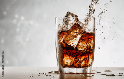 Cola with ice cubes and splash in glass on white background. Generative AI