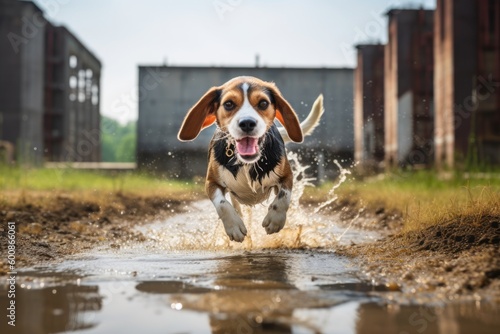 Medium shot portrait photography of a curious beagle running through a sprinkler against old mills and factories background. With generative AI technology