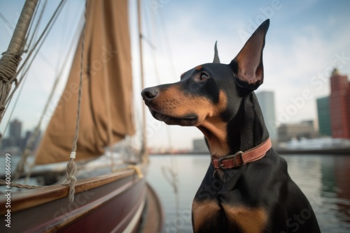 Environmental portrait photography of a happy doberman pinscher sailing on a sailboat against old mills and factories background. With generative AI technology
