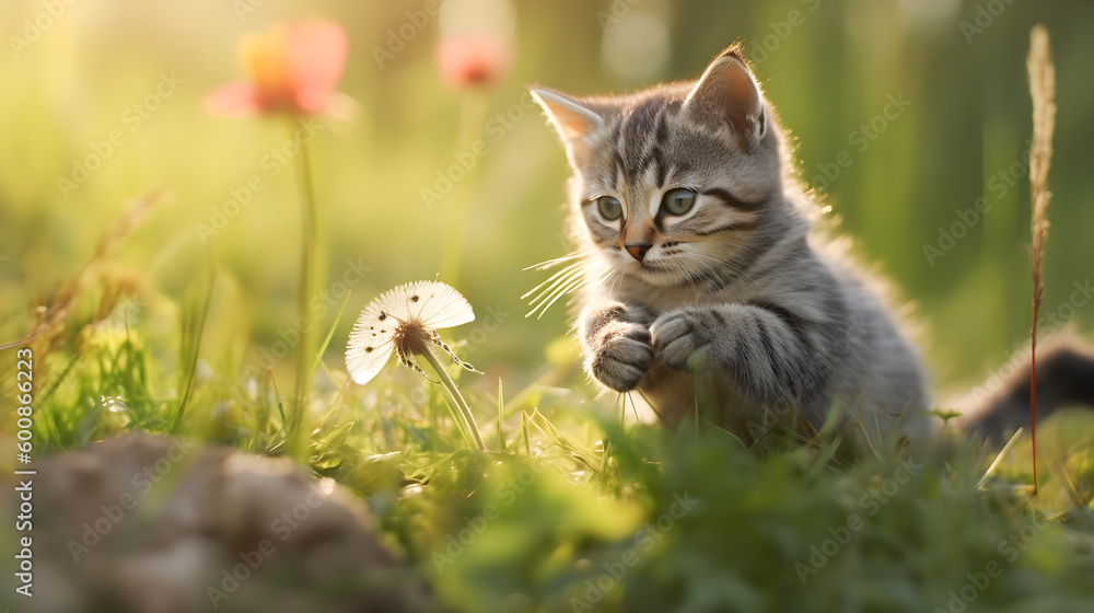 Little cute cat playing free in the field with flowers and insects at sunset. Kittens and love for pets. Generative ai.