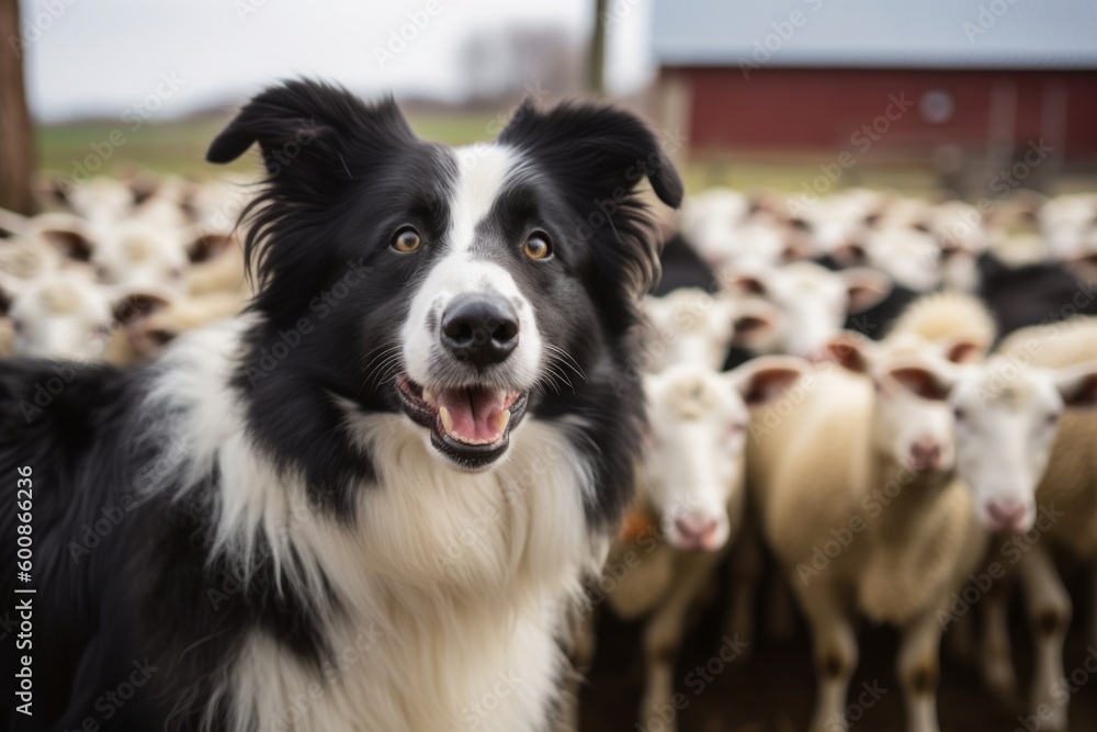 Medium shot portrait photography of a curious border collie playing with a group of dogs against alpaca and llama farms background. With generative AI technology