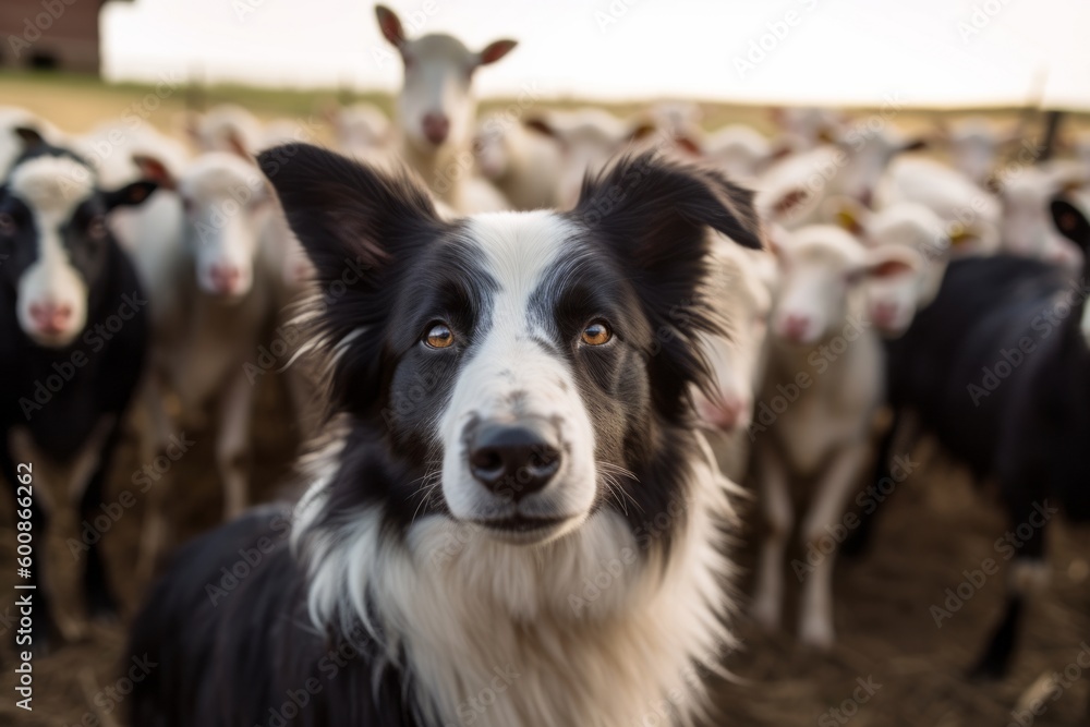 Medium shot portrait photography of a curious border collie playing with a group of dogs against alpaca and llama farms background. With generative AI technology