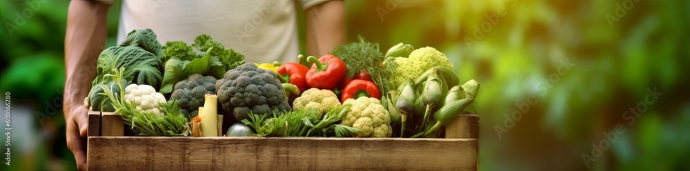 Hands holding wooden box with vegetables Hands holding wooden box with vegetables