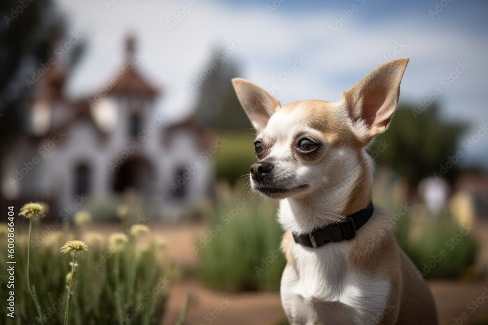 Conceptual portrait photography of a curious chihuahua being in front of a famous landmark against berry farms background. With generative AI technology