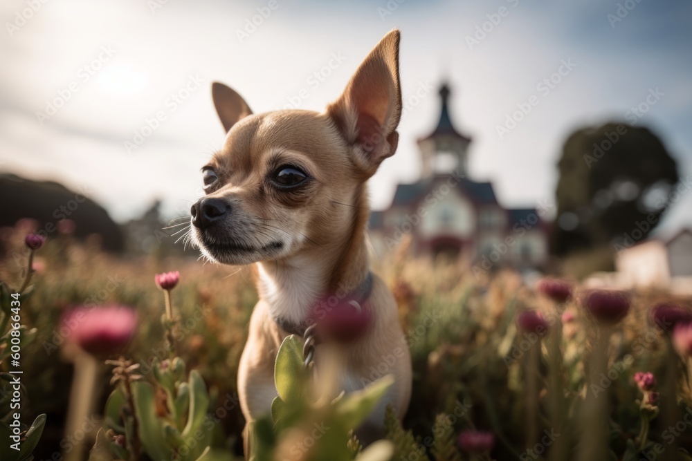 Conceptual portrait photography of a curious chihuahua being in front of a famous landmark against berry farms background. With generative AI technology