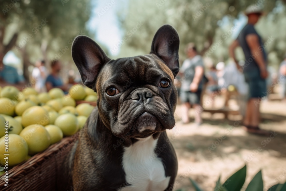 Group portrait photography of a curious french bulldog being at a farmer's market against olive groves background. With generative AI technology