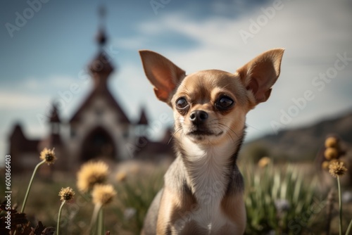 Conceptual portrait photography of a curious chihuahua being in front of a famous landmark against berry farms background. With generative AI technology © Markus Schröder