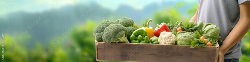 Hands holding wooden box with vegetables
