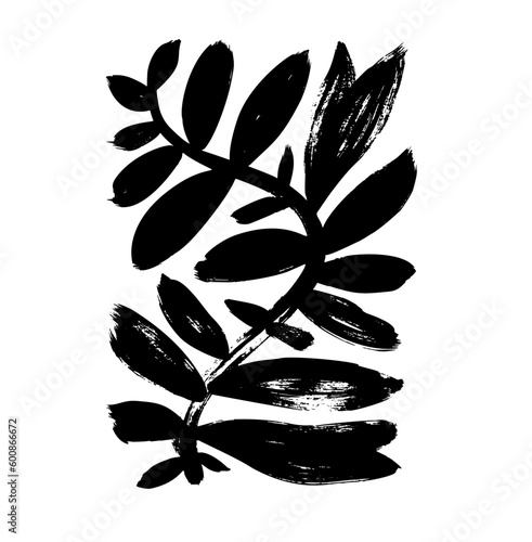 Matisse style bold branch isolated on white. Simple nature shape in vintage style. Abstract Matisse organic shape plant with leaves. Organic naive brush drawn plant. Trendy contemporary element.