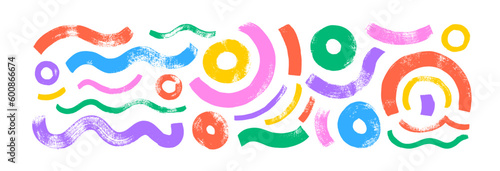 Collection colorful bold circular shapes and wavy lines. Brush drawn vector grunge curved strokes. Trendy vector design with bright color basic geometric shapes. Grunge figures, circles and waves.