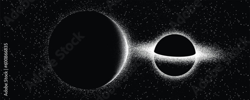 Black hole with disc of plasma  in space. Supermassive singularity in core off a galaxy, with noise texture . Event horizon .Vector illustration