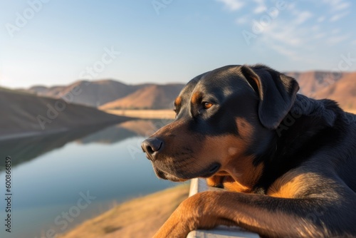Medium shot portrait photography of a curious rottweiler sleeping against dams and reservoirs background. With generative AI technology