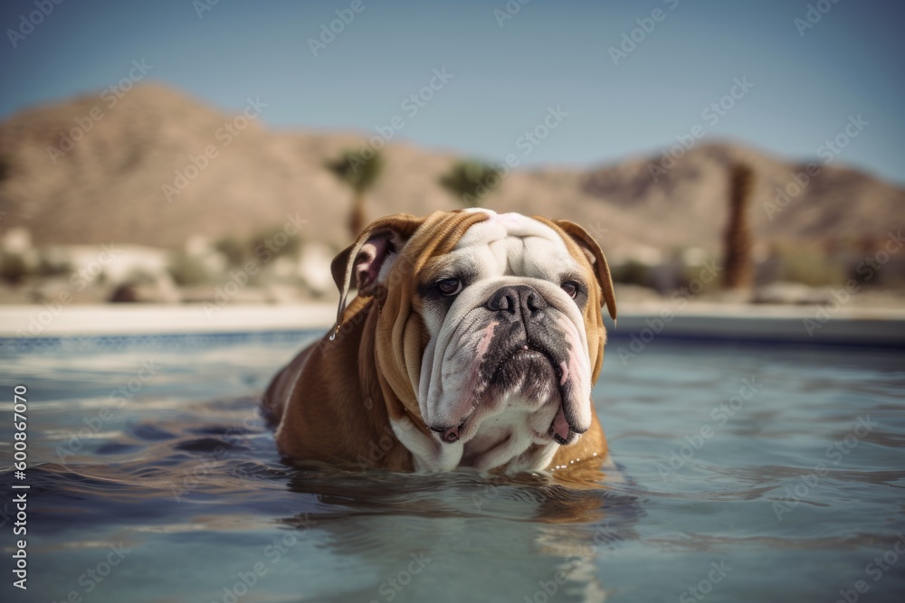 Lifestyle portrait photography of a bored bulldog splashing in a pool against tundra landscapes background. With generative AI technology