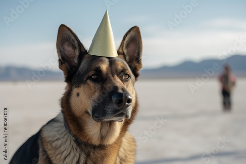 Close-up portrait photography of a curious german shepherd wearing a birthday hat against salt flats background. With generative AI technology © Markus Schröder