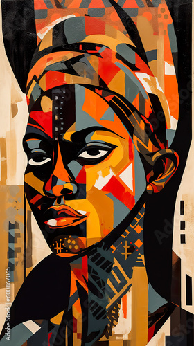 A painting of a woman with a turban on her head. Generative AI. African queen
