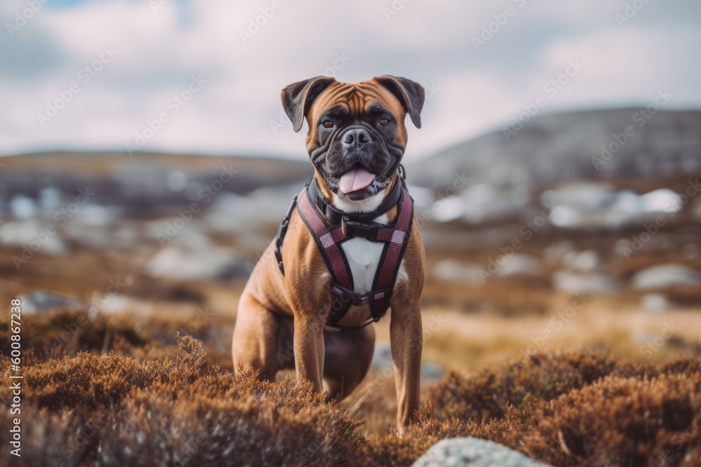Lifestyle portrait photography of a happy boxer wearing a harness against tundra landscapes background. With generative AI technology