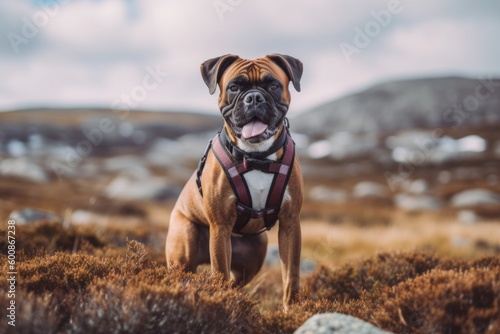 Lifestyle portrait photography of a happy boxer wearing a harness against tundra landscapes background. With generative AI technology © Markus Schröder