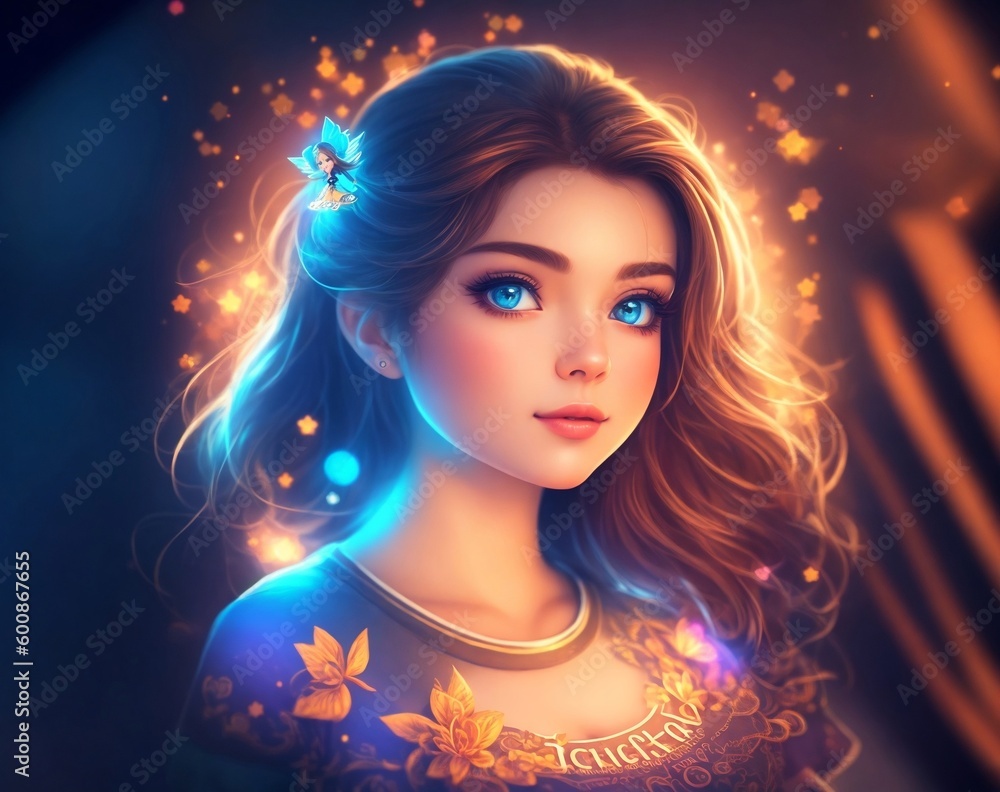 Illustration of cute beautiful girl with magical lighting digital art. Generative AI