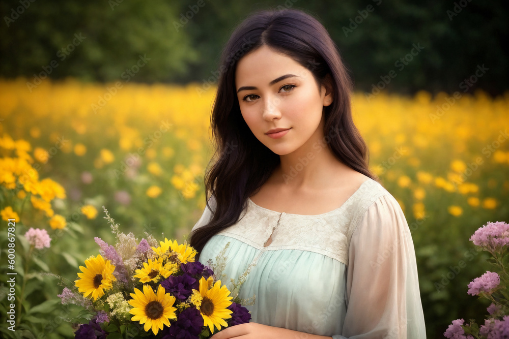 Portrait of a woman with bouquet of flowers in a garden. Generative AI.