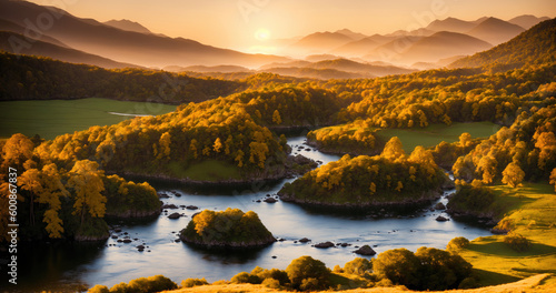 A breathtaking sunset landscape featuring majestic mountains, a serene river and the warm glow of the golden hour, creating a peaceful and tranquil ambiance. Generative AI
