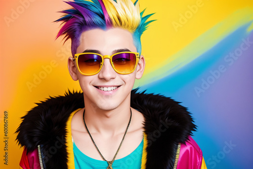Portrait of a caucasian man with colorful mohawk hair and sunglasses on abstract painted background, summer vibrancy. Generative AI. © soleg