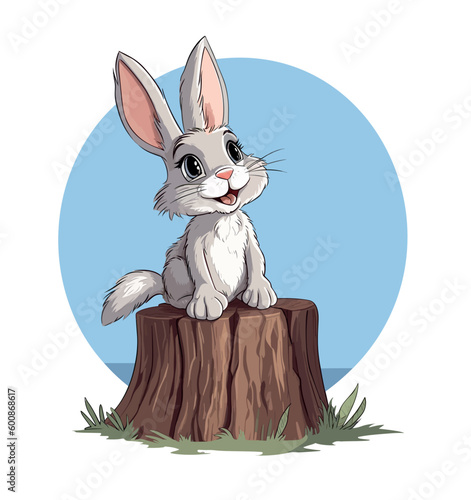 Illustration of a bunny sitting on the stump in the bushes and wild herbs. Piccture of a wild animal in its own habitat. Children illustration. created with Generative AI technology photo