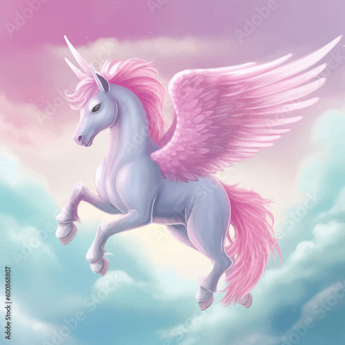 Beautiful Unicorn flying in the sky with clouds. Fantastic Horse with wings. Fantasy illustration for children. Cute Funny cartoon character. Drawing for your design © Zakhariya