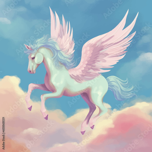 Beautiful Unicorn flying in the sky with clouds. Fantastic Horse with wings. Fantasy illustration for children. Cute Funny cartoon character. Drawing for your design