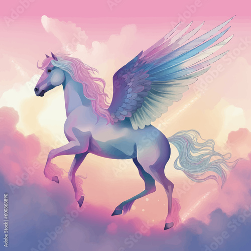 Beautiful Unicorn flying in the sky with clouds. Fantastic Horse with wings. Fantasy illustration for children. Cute Funny cartoon character. Drawing for your design