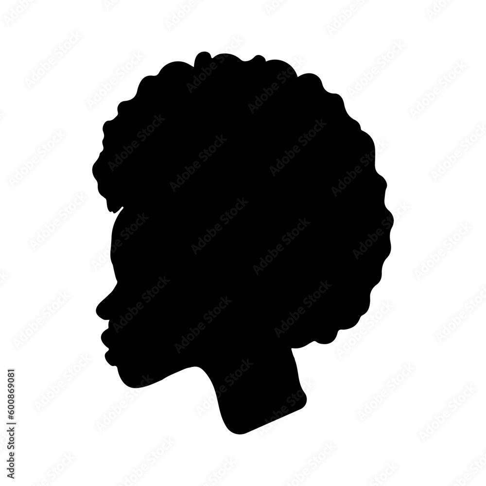 Black and white African woman head profile in silhouette. Afro hair style. Vector illustration.