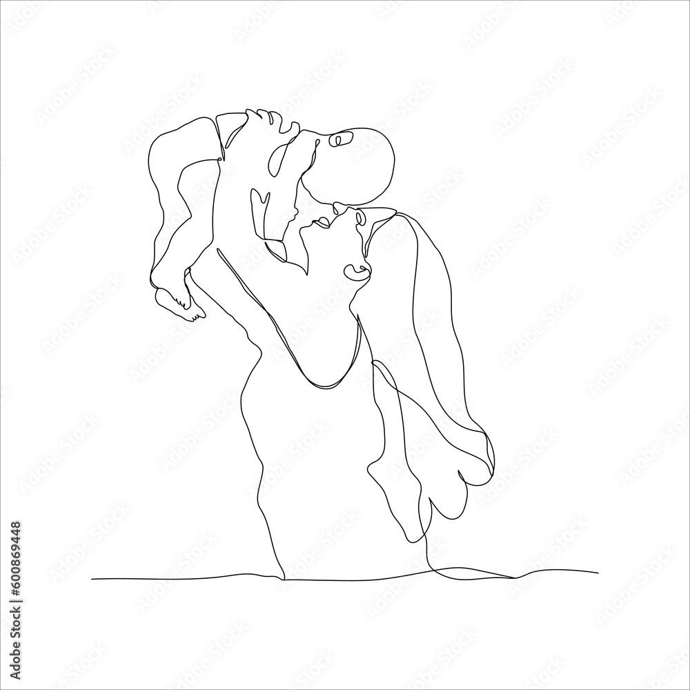 Mother and baby continuous line art drawing. mother throws baby up line art. Mother's Day line drawing vector illustration minimalism design. Mother and child.