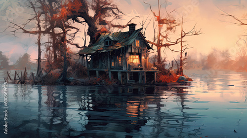 Log cabin swamp landscape