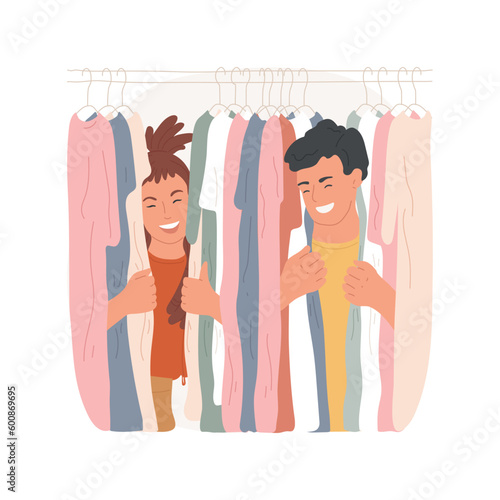 Fitting room isolated cartoon vector illustration. Young couple trying on clothes, teens in shopping mall, having fun in fitting room, first love, teens communication vector cartoon.