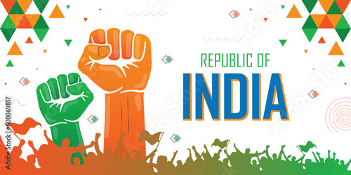 India flag color, independence day banner abstract background, raised fist, protest or rally, human hands, cheering people with flags, copy space for text, blue, green and yellow geometric design