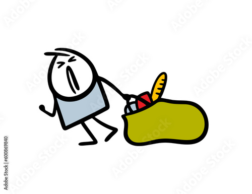 Doodle disgruntled stickman drags a huge bag of groceries from the store. Vector illustration of a cartoon character with a heavy bag.