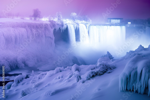 A frozen waterfall lit in neon colors in the middle of the night. Generative AI.