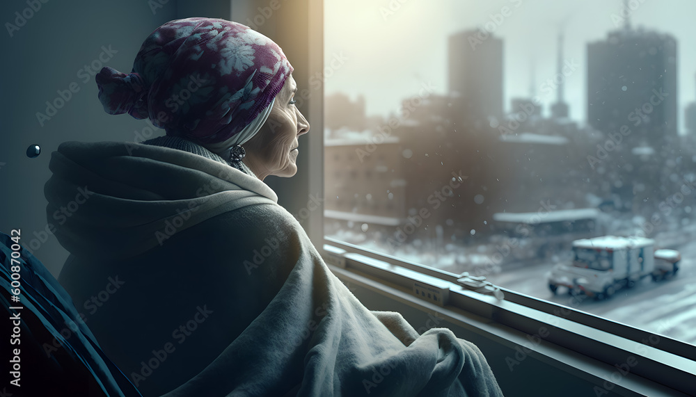 Lonely woman in scarf with cancer in wheelchair looks out window, remembers passing life. Generation AI - obrazy, fototapety, plakaty 
