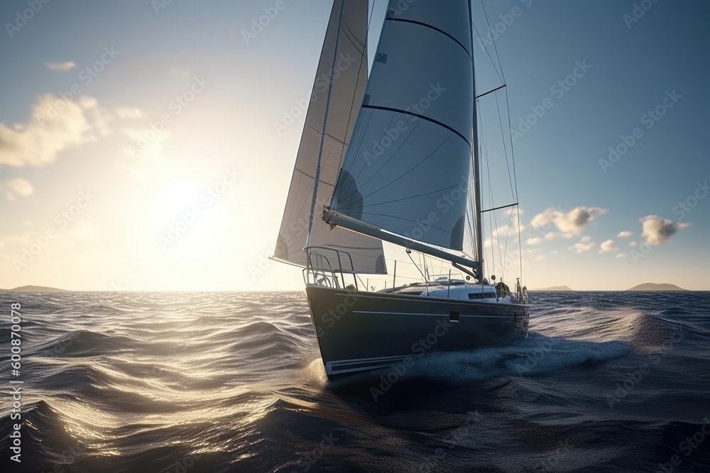Sailing yacht in the sea at sunset. Generative AI