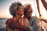 Happy senior African couple in love enjoying a romantic sunset on yacht in the sea, AI Generative Generative AI