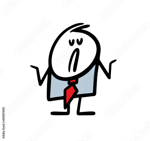 Bewildered businessman in a suit and tie shrugs his shoulders in confusion. Vector illustration of a cartoon stickman in the office.