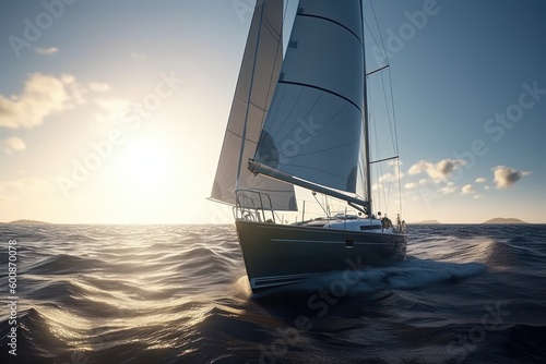 Sailing yacht in the sea at sunset. Generative AI © LAYHONG