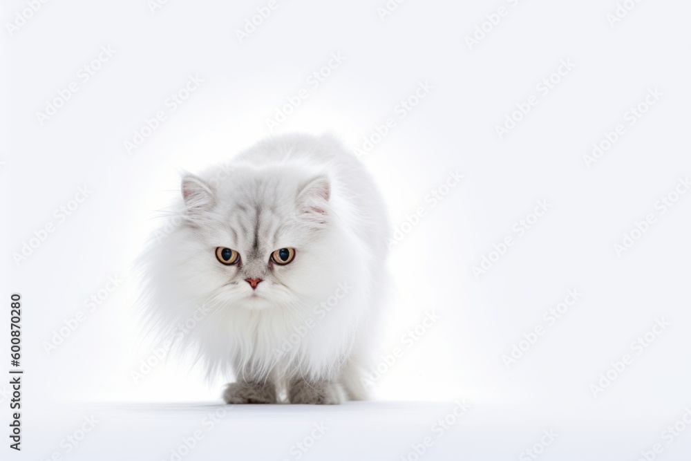 Environmental portrait photography of a scared persian cat tail wagging against a white background. With generative AI technology